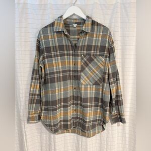 Aerie Oversized Gray & Gold Plaid Button Down Flannel Shirt Size Small